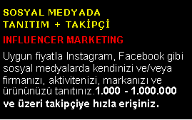 Metin Kutusu: Sosyal MedyaDATANITIM + Takip�iInfluencer marketIng Uygun fiyatla Instagram, Facebook gibi sosyal medyalarda kendinizi ve/veya firmanızı, aktivitenizi, markanızı ve �r�n�n�z� tanıtınız.1.000 - 1.000.000 ve �zeri takip�iye hızla erişiniz. 